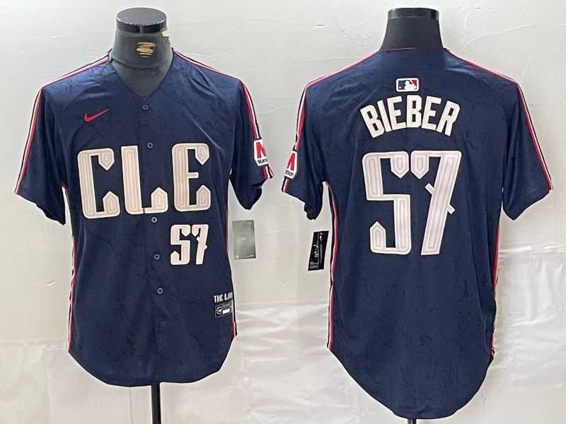 Mens Cleveland Guardians #22 Shane Bieber Number Navy 2024 City Connect Limited Stitched Jersey